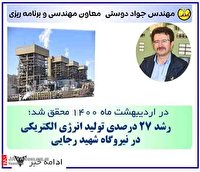 نیروگاه شهید رجایی با تولید بیش از یک میلیارد کیلووات ساعت انرژی خالص دراردیبهشت امسال، 27 درصد نسبت به مدت مشابه سال گذشته رشد تولید داشته است.