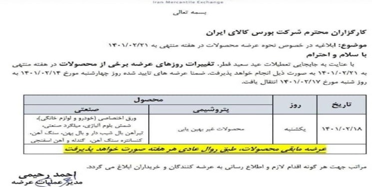 نحوه عرضه محصولات در بورس کالا برای هفته آینده ابلاغ شد نحوه عرضه محصولات در بورس کالا برای هفته آینده ابلاغ شد