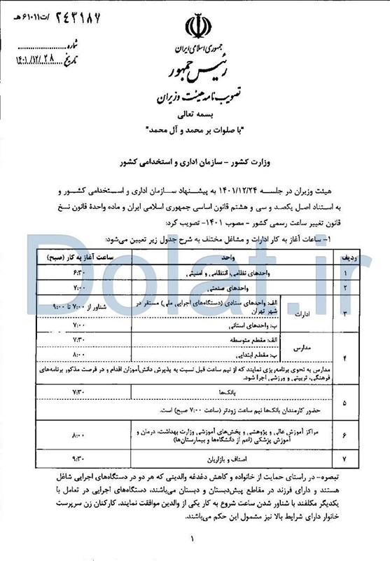 جزئیات ساعت آغاز به کار ادارات اعلام شد جزئیات ساعت آغاز به کار ادارات اعلام شد