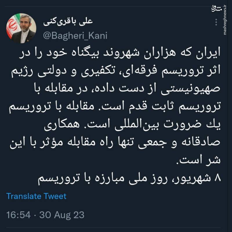 باقری: مقابله با تروریسم یک ضرورت بین‌المللی است