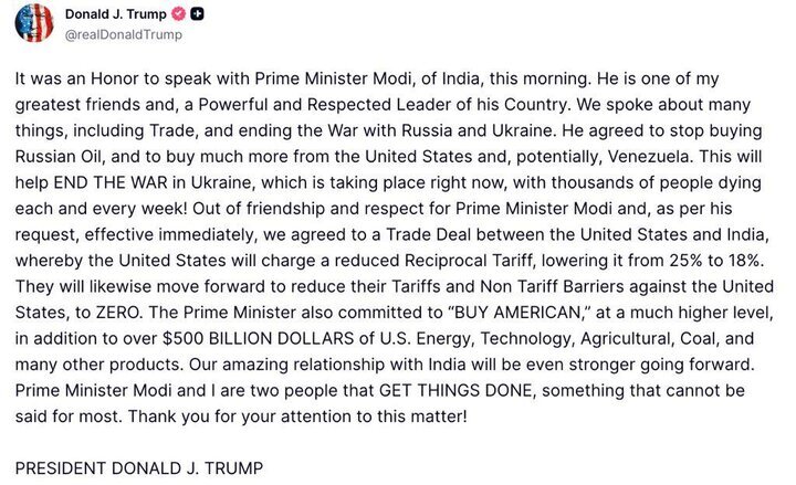 ترامپ: هند موافقت کرد از روسیه نفت نخرد؛ کاهش تعرفه دهلی‌نو به ۱۸ درصد