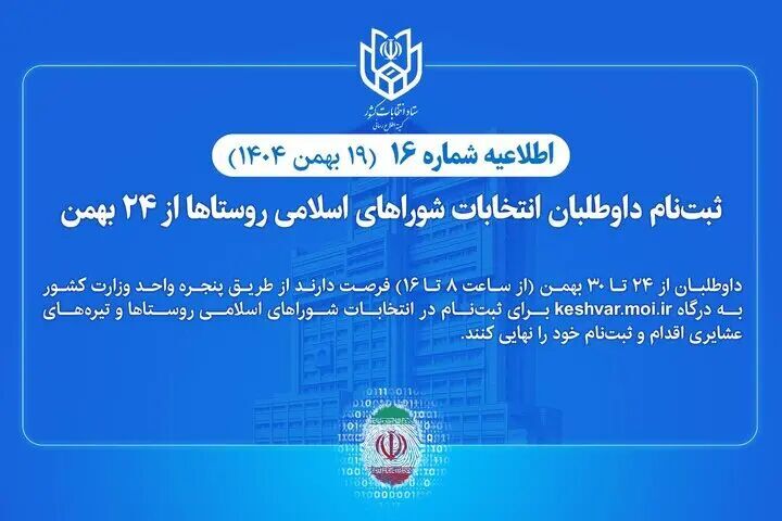 ثبت‌نام داوطلبان انتخابات شوراهای اسلامی روستاها از ۲۴ بهمن آغاز می‌شود