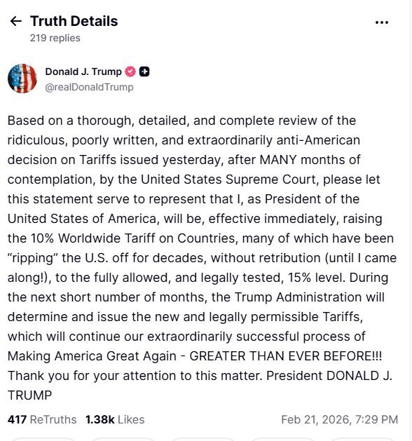 ترامپ: تعرفه واردات از همه کشورها به ۱۵ درصد افزایش یافت ترامپ: تعرفه واردات از همه کشورها به ۱۵ درصد افزایش یافت