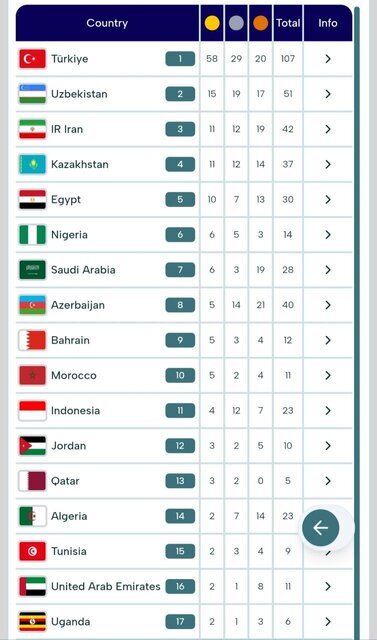 جدول مدالی بازیهای کشورهای اسلامی/ صعود ایران به رده سوم جدول مدالی بازیهای کشورهای اسلامی/ صعود ایران به رده سوم