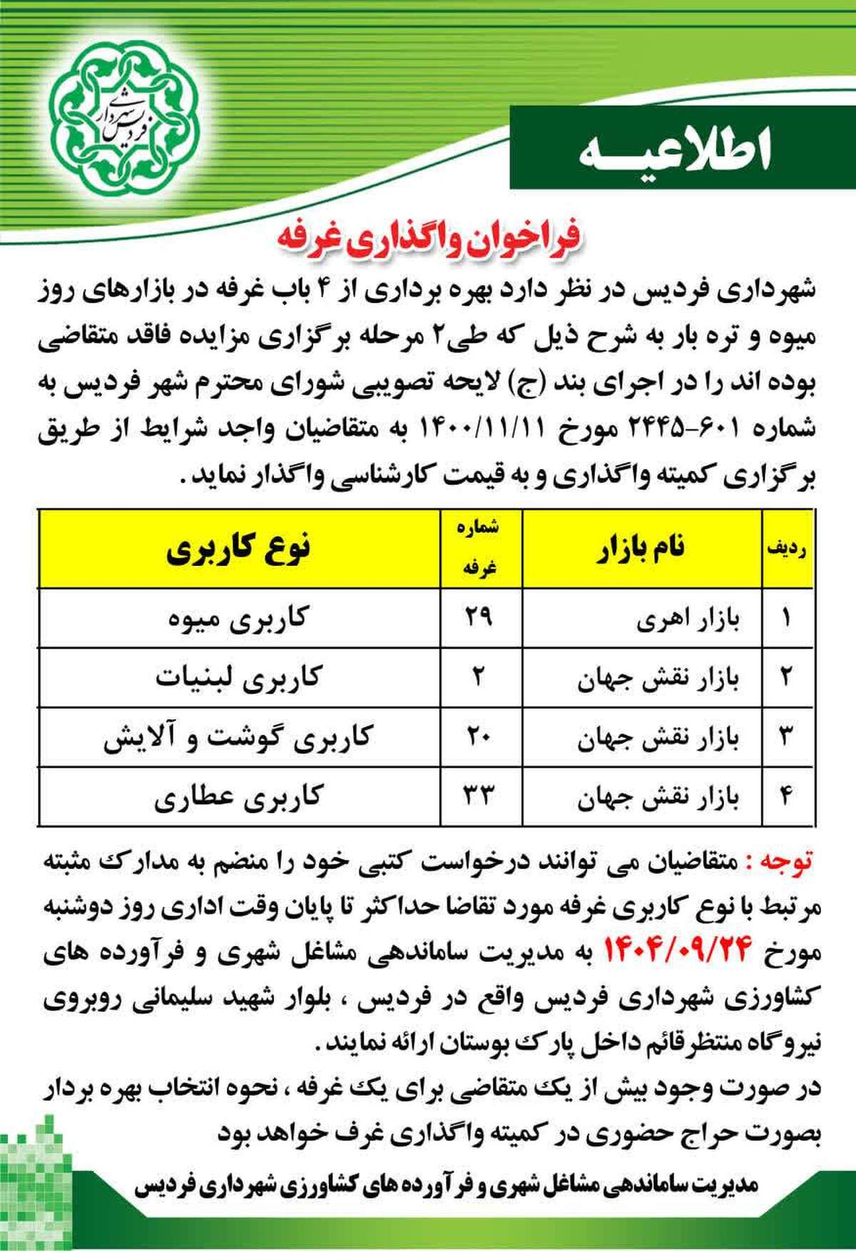 فراخوان واگذاری غرفه در بازار روزهای فردیس
