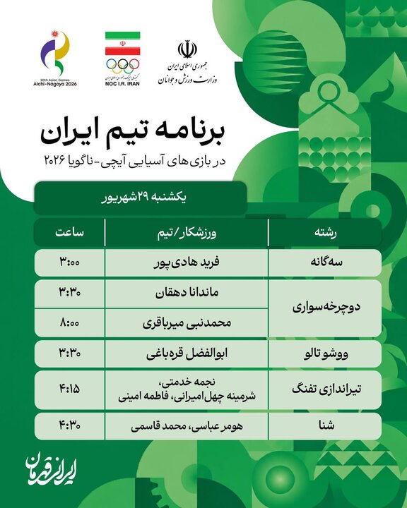 بازیهای آسیایی ۲۰۲۶ - ناگویابرنامه رقابت ورزشکاران ایران در روز نخست؛ رقابت در ۱۱ رشته بازیهای آسیایی ۲۰۲۶ - ناگویابرنامه رقابت ورزشکاران ایران در روز نخست؛ رقابت در ۱۱ رشته