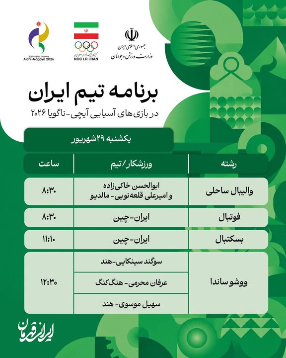بازیهای آسیایی ۲۰۲۶ - ناگویابرنامه رقابت ورزشکاران ایران در روز نخست؛ رقابت در ۱۱ رشته بازیهای آسیایی ۲۰۲۶ - ناگویابرنامه رقابت ورزشکاران ایران در روز نخست؛ رقابت در ۱۱ رشته